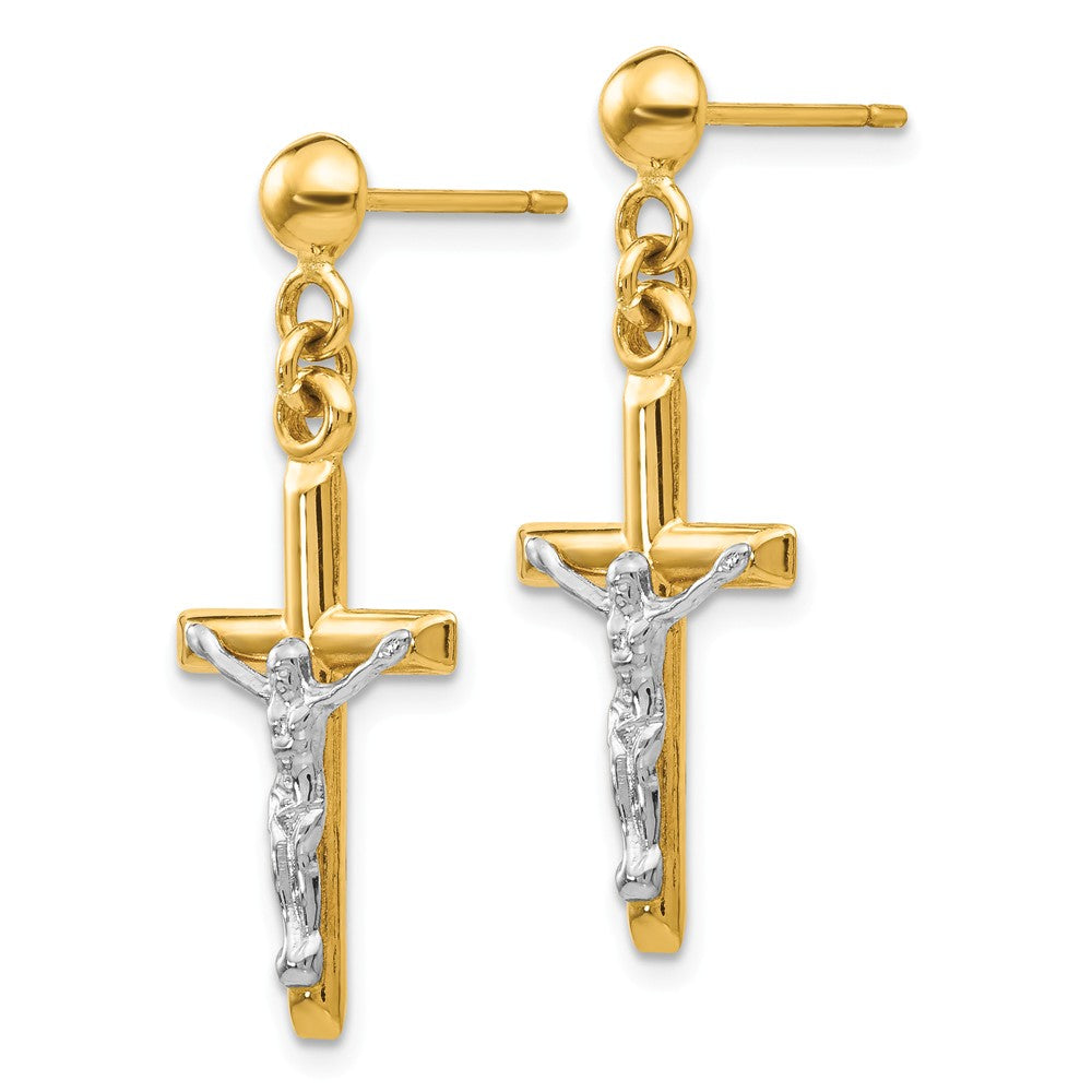 Alternate view of the 3D Hollow Crucifix Dangle Post Earrings in 14k Two Tone Gold by The Black Bow Jewelry Co.