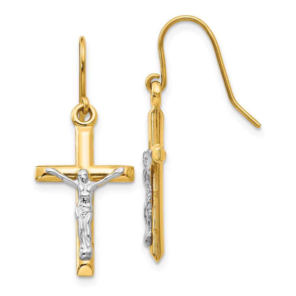 3D Hollow Crucifix Dangle Earrings in 14k Two Tone Gold, Item E11087 by The Black Bow Jewelry Co.