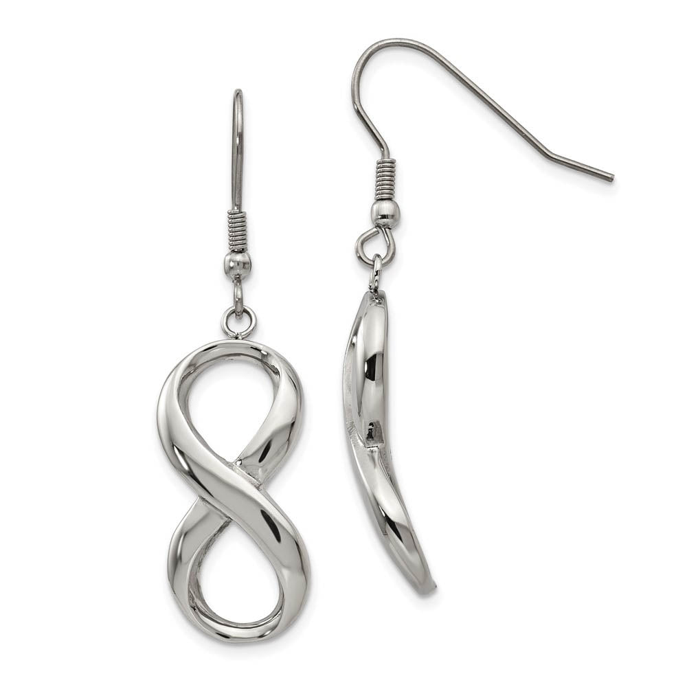 Polished Infinity Symbol Dangle Earrings in Stainless Steel, Item E11101 by The Black Bow Jewelry Co.