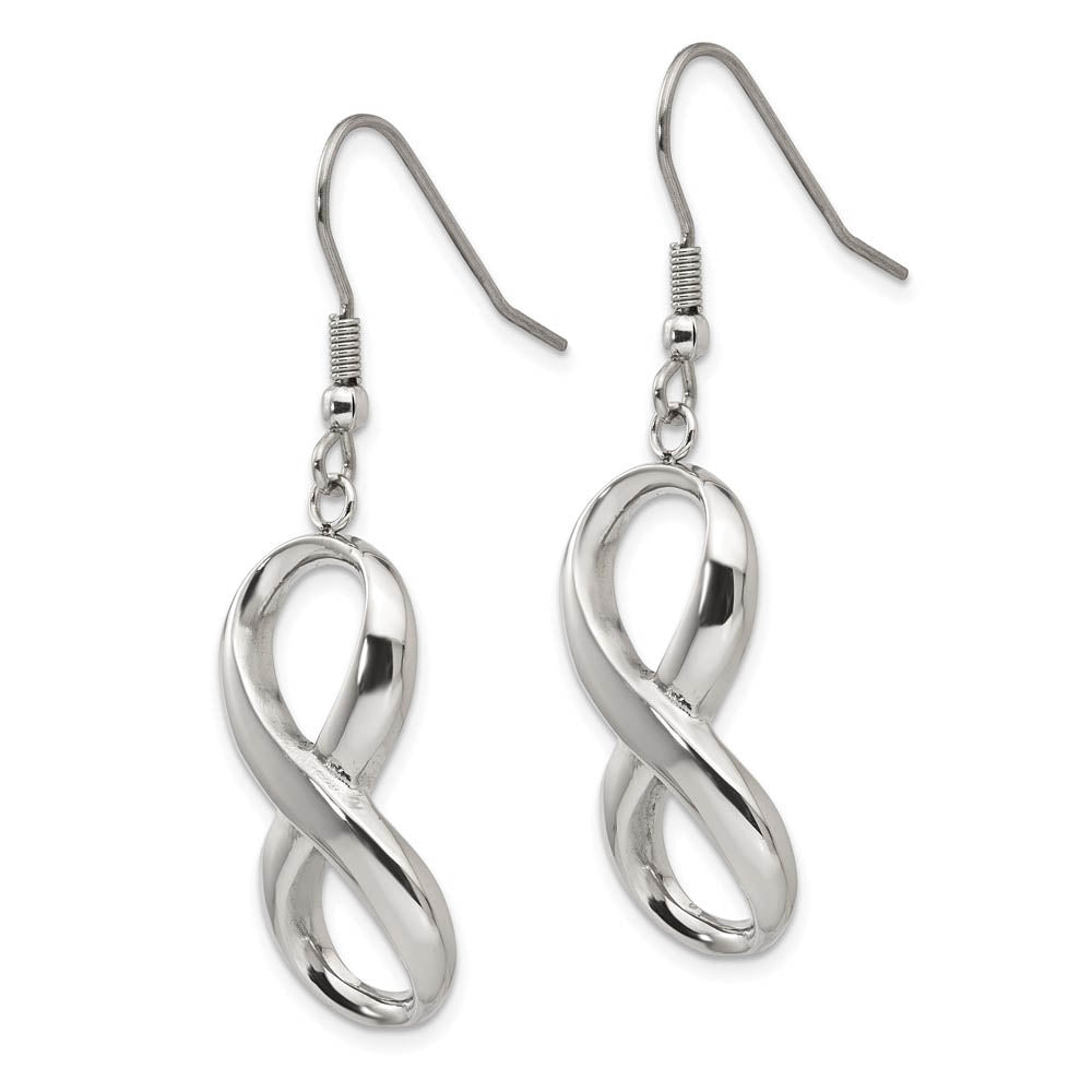 Alternate view of the Polished Infinity Symbol Dangle Earrings in Stainless Steel by The Black Bow Jewelry Co.