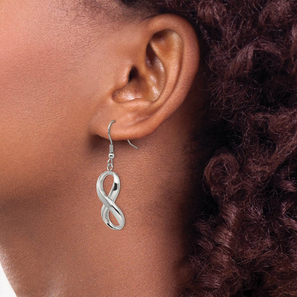 Alternate view of the Polished Infinity Symbol Dangle Earrings in Stainless Steel by The Black Bow Jewelry Co.