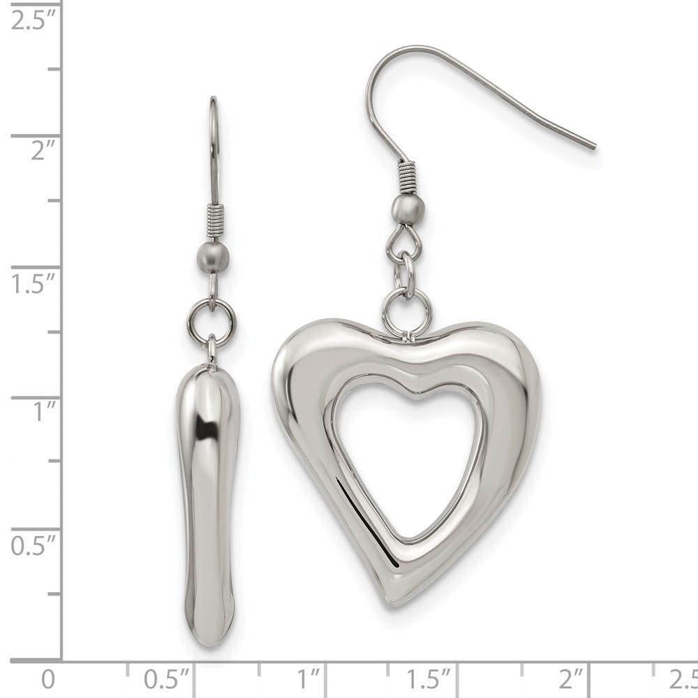 Alternate view of the 26mm Open Heart Dangle Earrings in Stainless Steel by The Black Bow Jewelry Co.