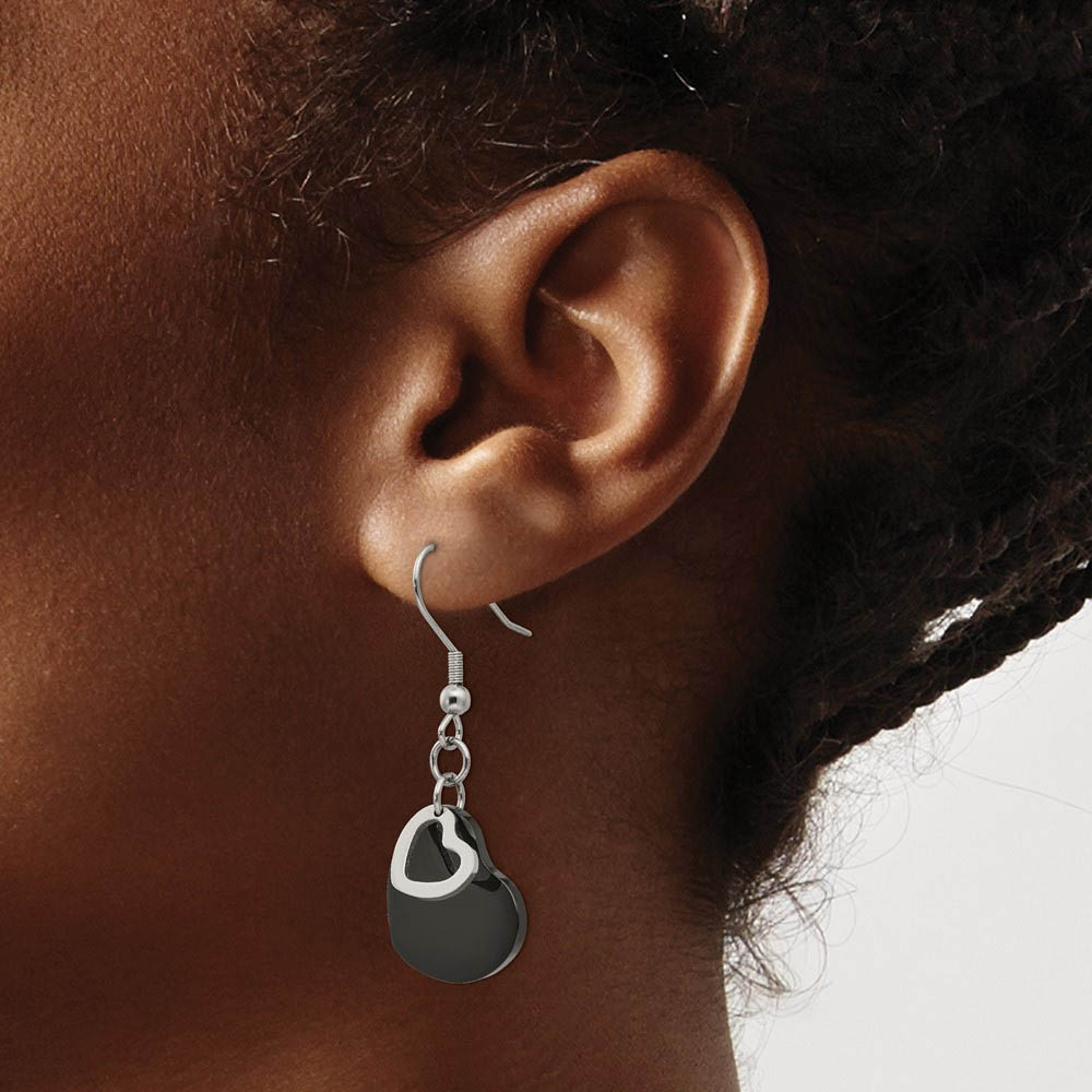 Alternate view of the 19mm Black Plated Double Heart Dangle Earrings in Stainless Steel by The Black Bow Jewelry Co.