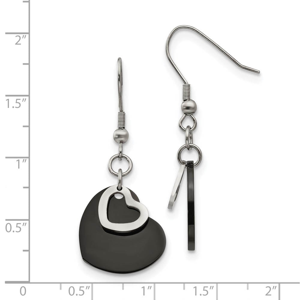 Alternate view of the 19mm Black Plated Double Heart Dangle Earrings in Stainless Steel by The Black Bow Jewelry Co.