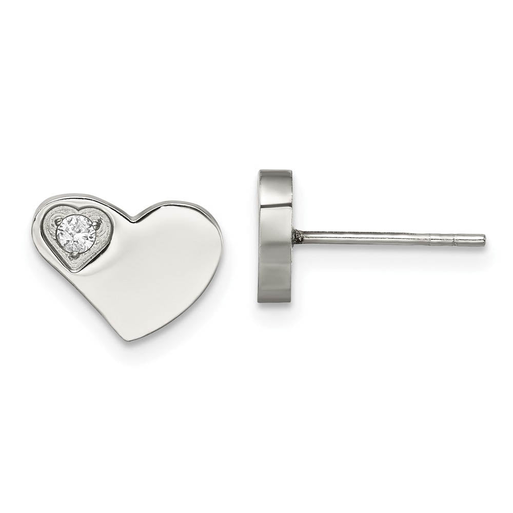10mm Asymmetrical CZ Heart Post Earrings in Stainless Steel, Item E11113 by The Black Bow Jewelry Co.