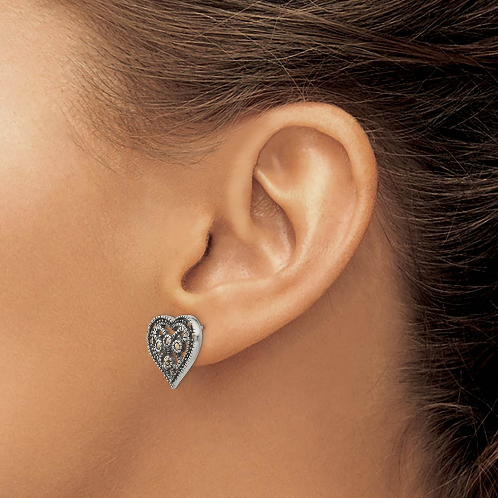 Alternate view of the 17mm Marcasite Scroll Heart Post Earrings in Antiqued Stainless Steel by The Black Bow Jewelry Co.