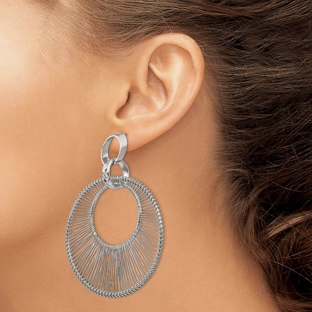 Alternate view of the 57mm Wire Wrapped Circle Post Dangle Earrings in Stainless Steel by The Black Bow Jewelry Co.