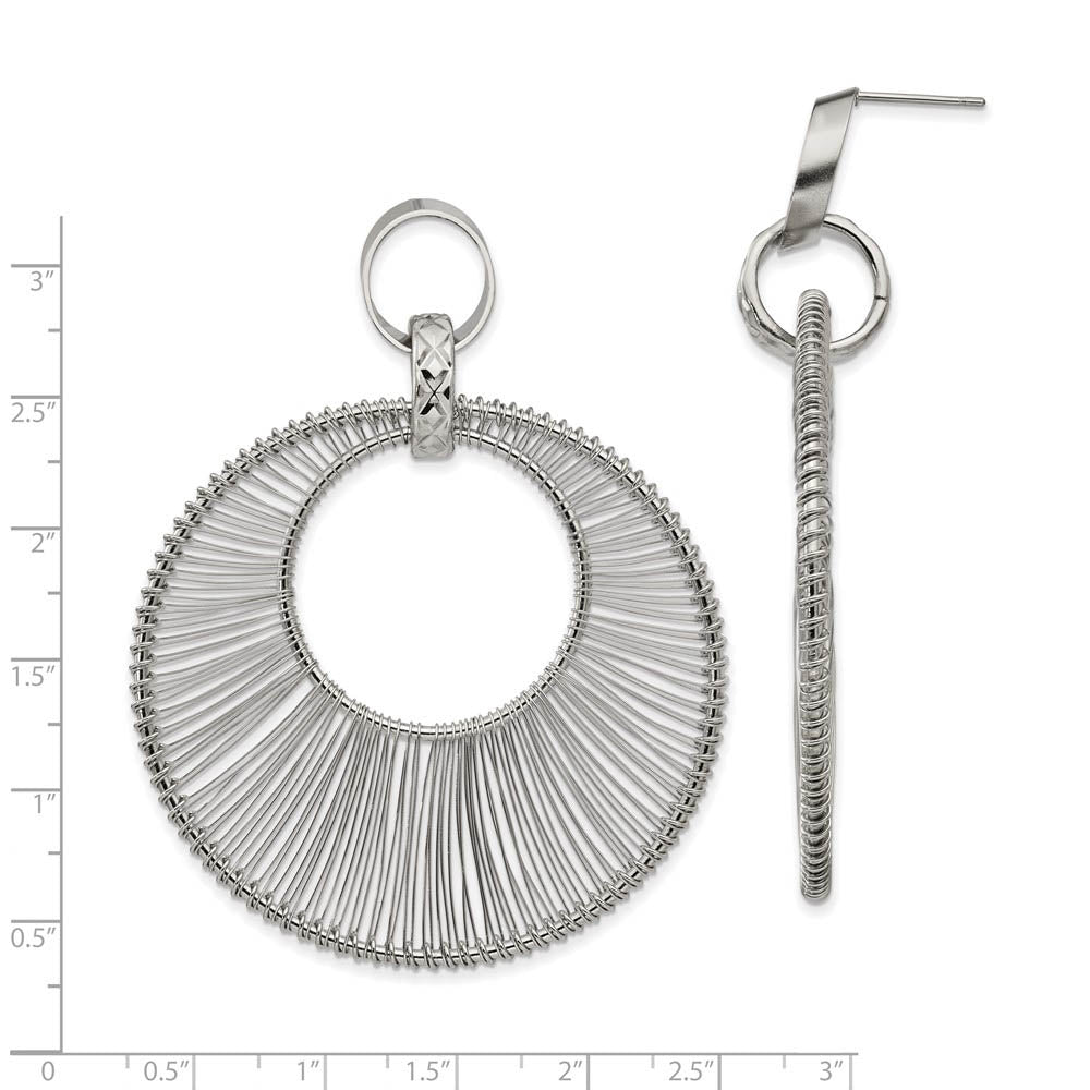 Alternate view of the 57mm Wire Wrapped Circle Post Dangle Earrings in Stainless Steel by The Black Bow Jewelry Co.