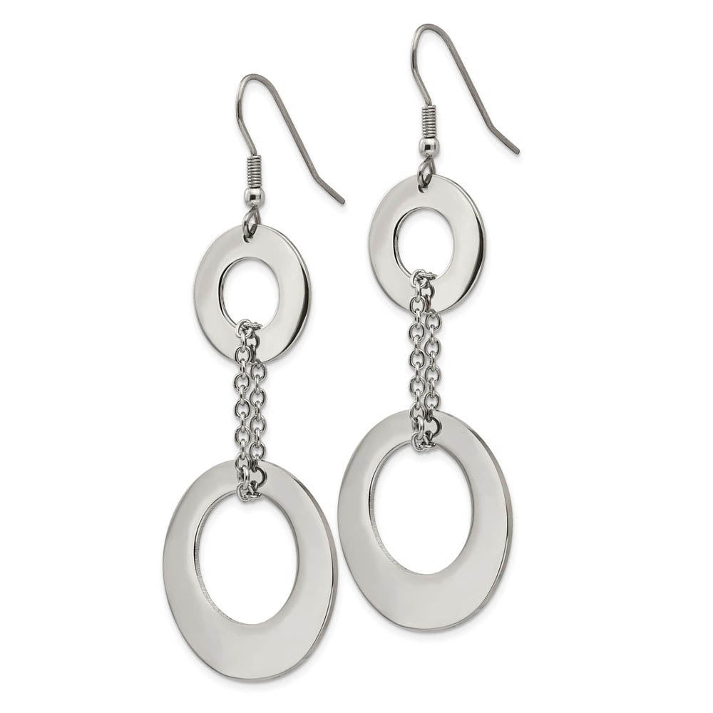Alternate view of the Polished Double Circle Chain Dangle Earrings in Stainless Steel by The Black Bow Jewelry Co.