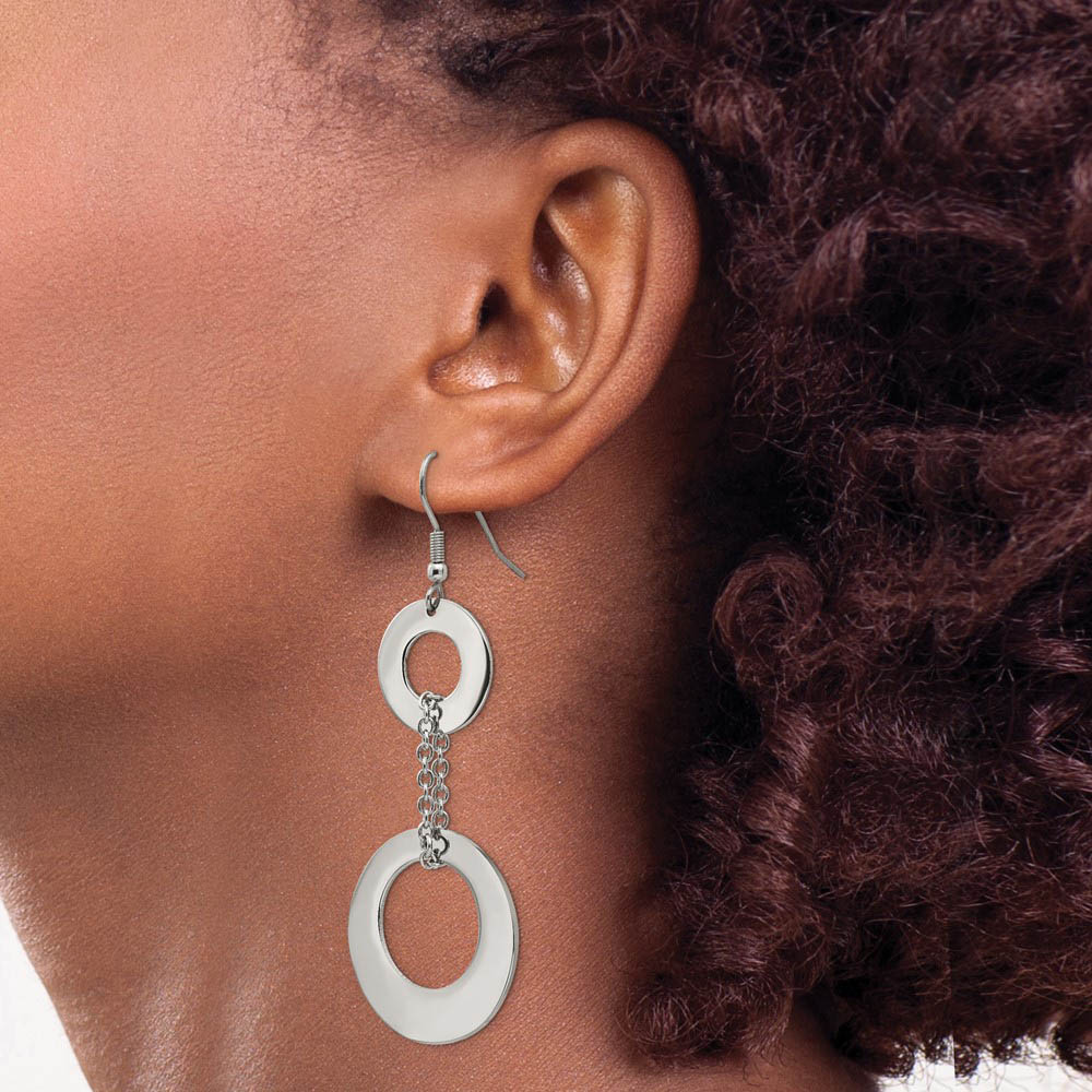 Alternate view of the Polished Double Circle Chain Dangle Earrings in Stainless Steel by The Black Bow Jewelry Co.