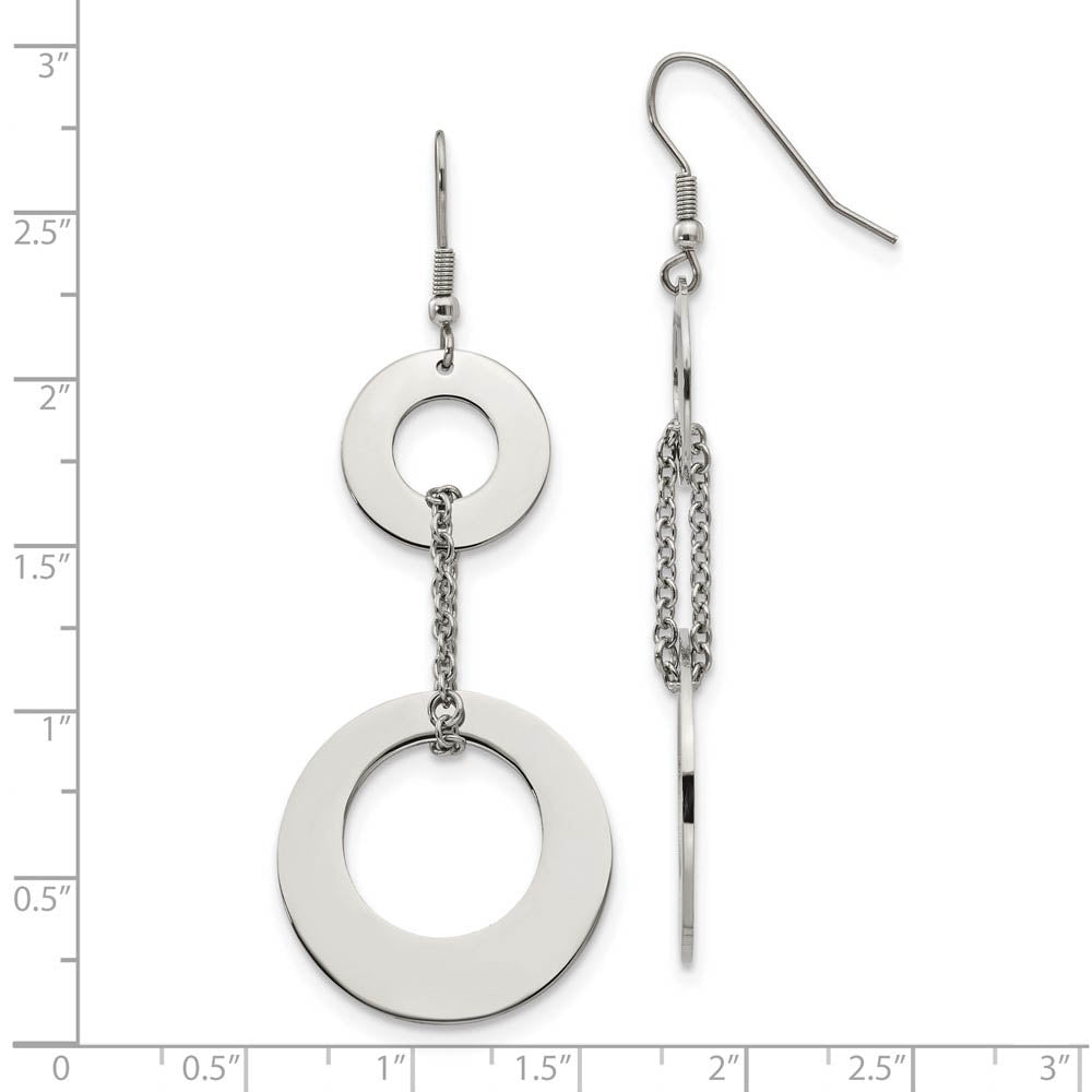 Alternate view of the Polished Double Circle Chain Dangle Earrings in Stainless Steel by The Black Bow Jewelry Co.