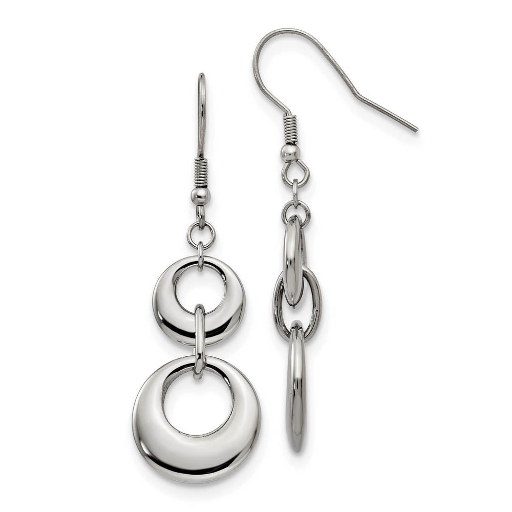 Polished Puffed Double Circle Dangle Earrings in Stainless Steel, Item E11121 by The Black Bow Jewelry Co.