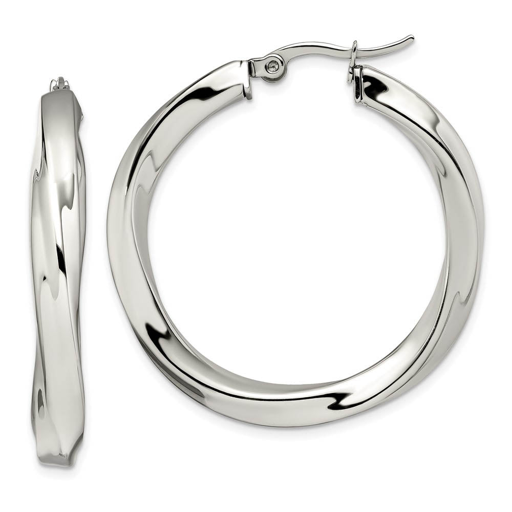 Stainless Steel Twisted Polished Hollow Round Hoop Earrings, 7 x 37mm, Item E11129 by The Black Bow Jewelry Co.