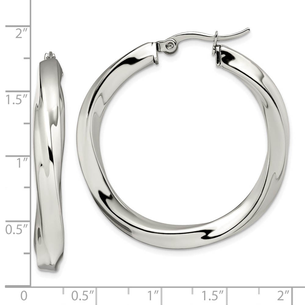 Alternate view of the Stainless Steel Twisted Polished Hollow Round Hoop Earrings, 7 x 37mm by The Black Bow Jewelry Co.