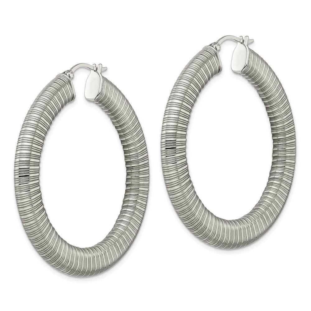 Alternate view of the 5mm Textured Round Hoop Earring in Stainless Steel - 47mm (1 13/16 in) by The Black Bow Jewelry Co.