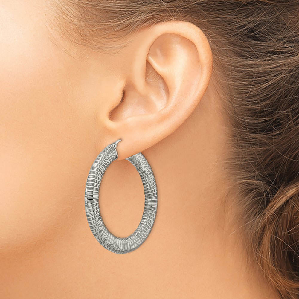 Alternate view of the 5mm Textured Round Hoop Earring in Stainless Steel - 47mm (1 13/16 in) by The Black Bow Jewelry Co.