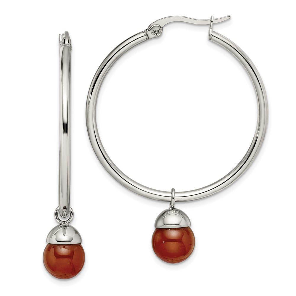 Red Agate Bead Drop Round Hoop Earrings in Stainless Steel - 35mm, Item E11150 by The Black Bow Jewelry Co.