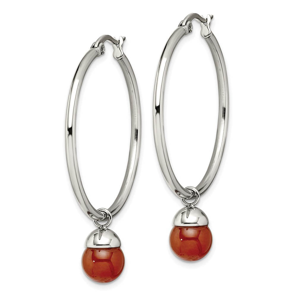 Alternate view of the Red Agate Bead Drop Round Hoop Earrings in Stainless Steel - 35mm by The Black Bow Jewelry Co.