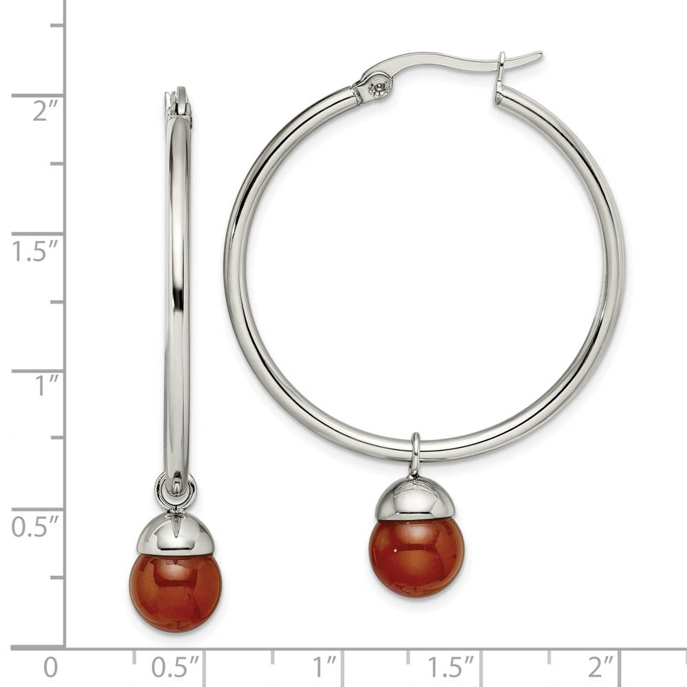 Alternate view of the Red Agate Bead Drop Round Hoop Earrings in Stainless Steel - 35mm by The Black Bow Jewelry Co.