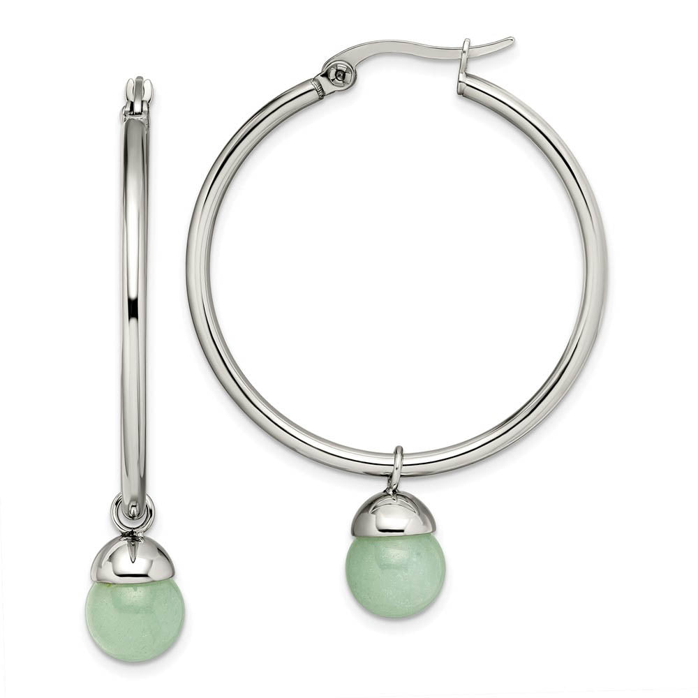 Green Aventurine Bead Round Hoop Earrings in Stainless Steel - 35mm, Item E11151 by The Black Bow Jewelry Co.