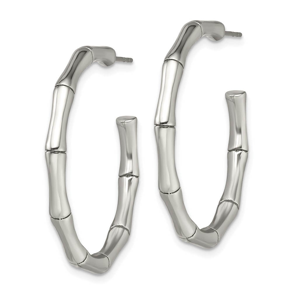 Alternate view of the Stainless Steel Polished Bamboo Style J-Hoop Earrings, 3 x 32mm by The Black Bow Jewelry Co.