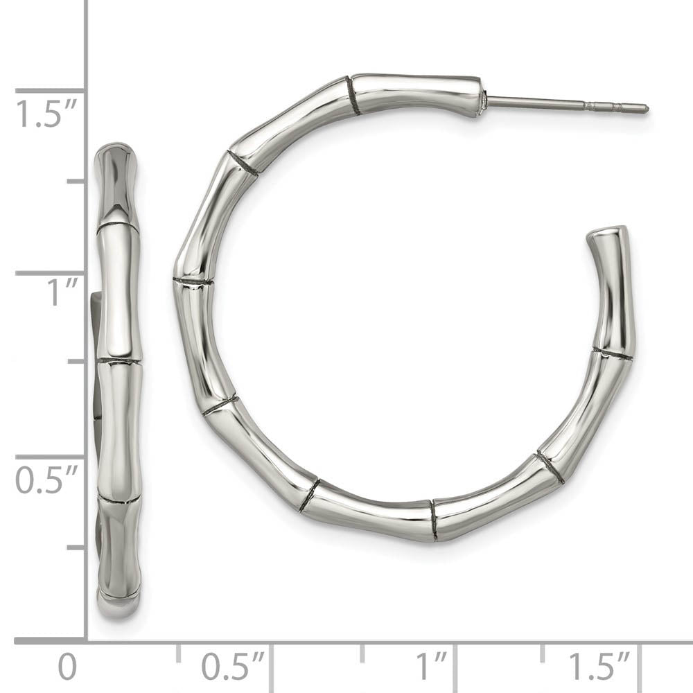 Alternate view of the Stainless Steel Polished Bamboo Style J-Hoop Earrings, 3 x 32mm by The Black Bow Jewelry Co.