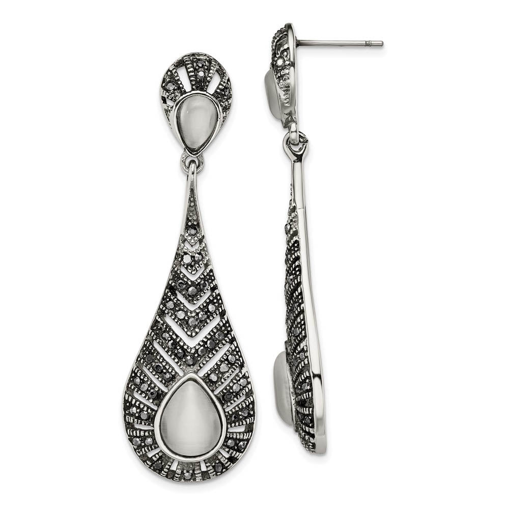 Marcasite & Cat's Eye Teardrop Post Dangle Earrings in Stainless Steel, Item E11171 by The Black Bow Jewelry Co.