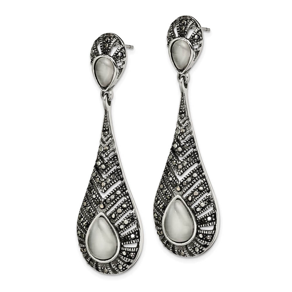 Alternate view of the Marcasite & Cat's Eye Teardrop Post Dangle Earrings in Stainless Steel by The Black Bow Jewelry Co.