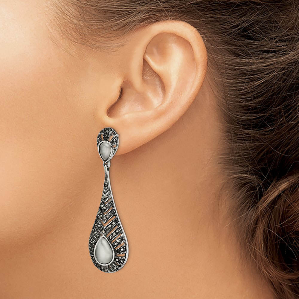 Alternate view of the Marcasite & Cat's Eye Teardrop Post Dangle Earrings in Stainless Steel by The Black Bow Jewelry Co.