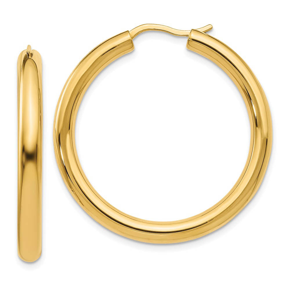 3.5mm Round Tube Hoop Earrings in Yellow Gold Tone Plated Silver, 33mm, Item E11242 by The Black Bow Jewelry Co.