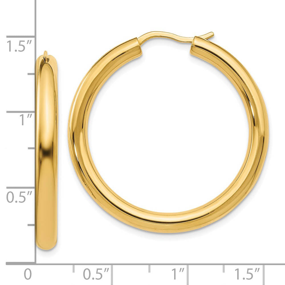 Alternate view of the 3.5mm Round Tube Hoop Earrings in Yellow Gold Tone Plated Silver, 33mm by The Black Bow Jewelry Co.