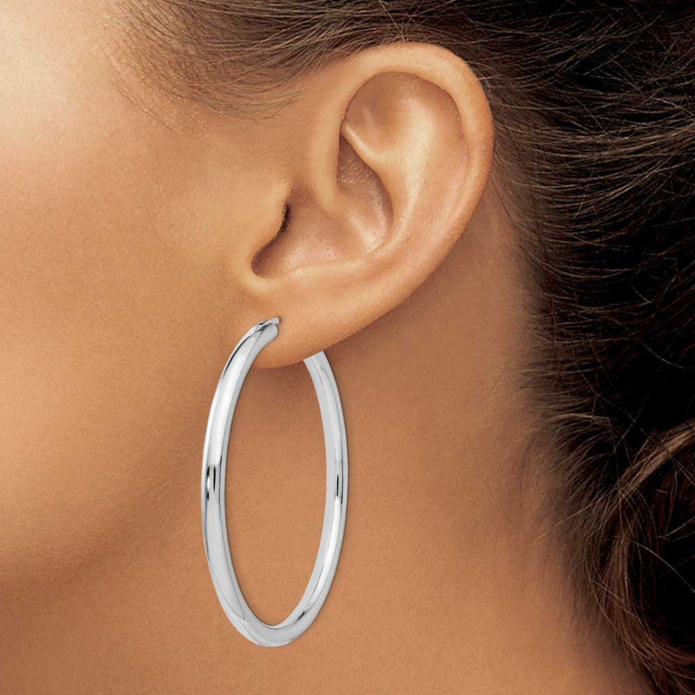 Alternate view of the 3.5mm Round Tube Hoop Earrings in Sterling Silver, 51mm (2 in) by The Black Bow Jewelry Co.