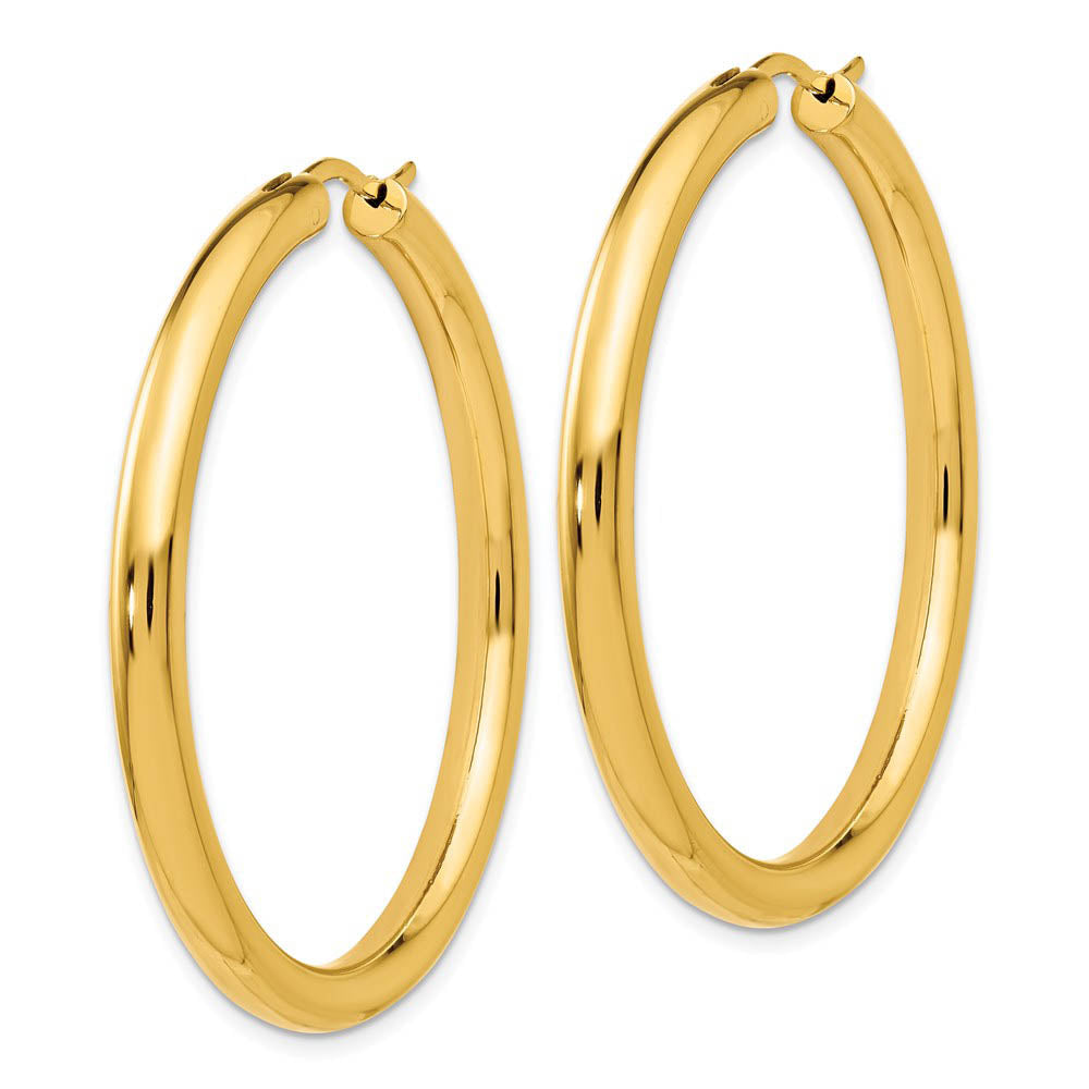 Alternate view of the 3.5mm Round Tube Hoop Earrings in Yellow Gold Tone Silver, 42mm by The Black Bow Jewelry Co.