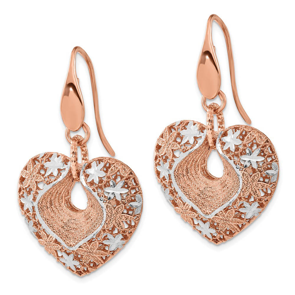 Alternate view of the 26mm Floral Heart Dangle Earrings in Sterling Silver & 24k Rose-Plated by The Black Bow Jewelry Co.