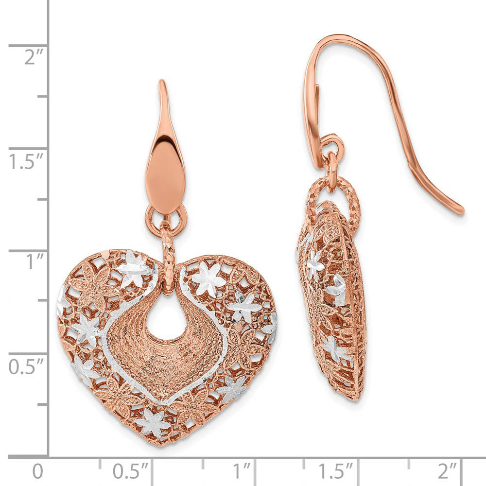 Alternate view of the 26mm Floral Heart Dangle Earrings in Sterling Silver & 24k Rose-Plated by The Black Bow Jewelry Co.