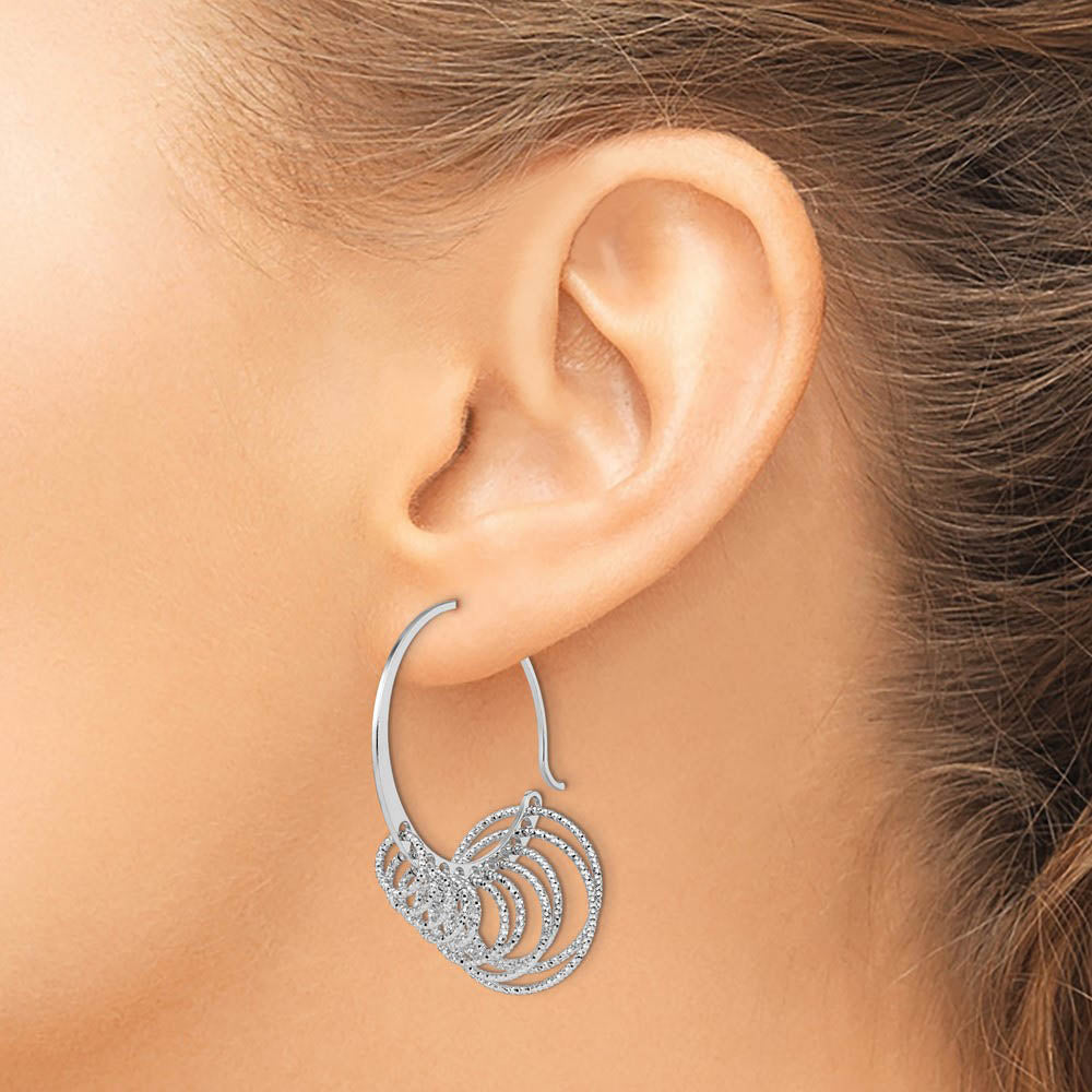 Alternate view of the Laser Cut Chandelier Circle Threader Hoop Earrings in Sterling Silver by The Black Bow Jewelry Co.