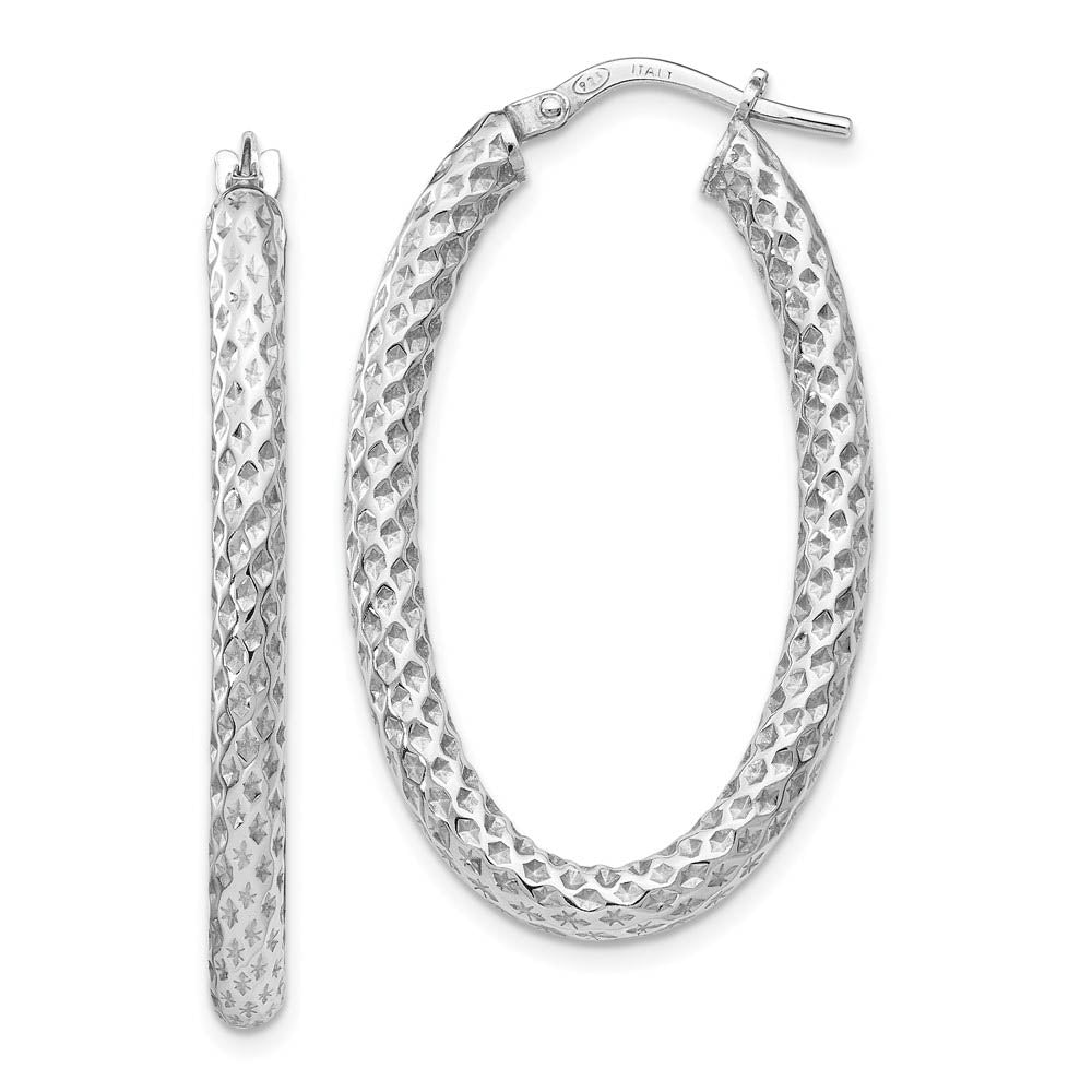 3mm Textured Oval Hoop Earrings in Sterling Silver, 35mm (1 3/8 in), Item E11357 by The Black Bow Jewelry Co.