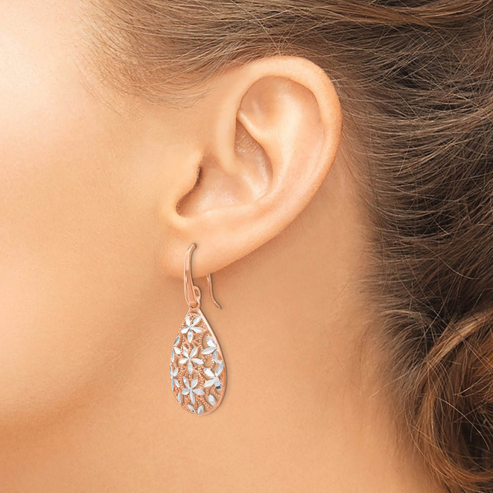 Alternate view of the Floral Filigree Teardrop Dangle Rose Gold Tone Plated Silver Earrings by The Black Bow Jewelry Co.