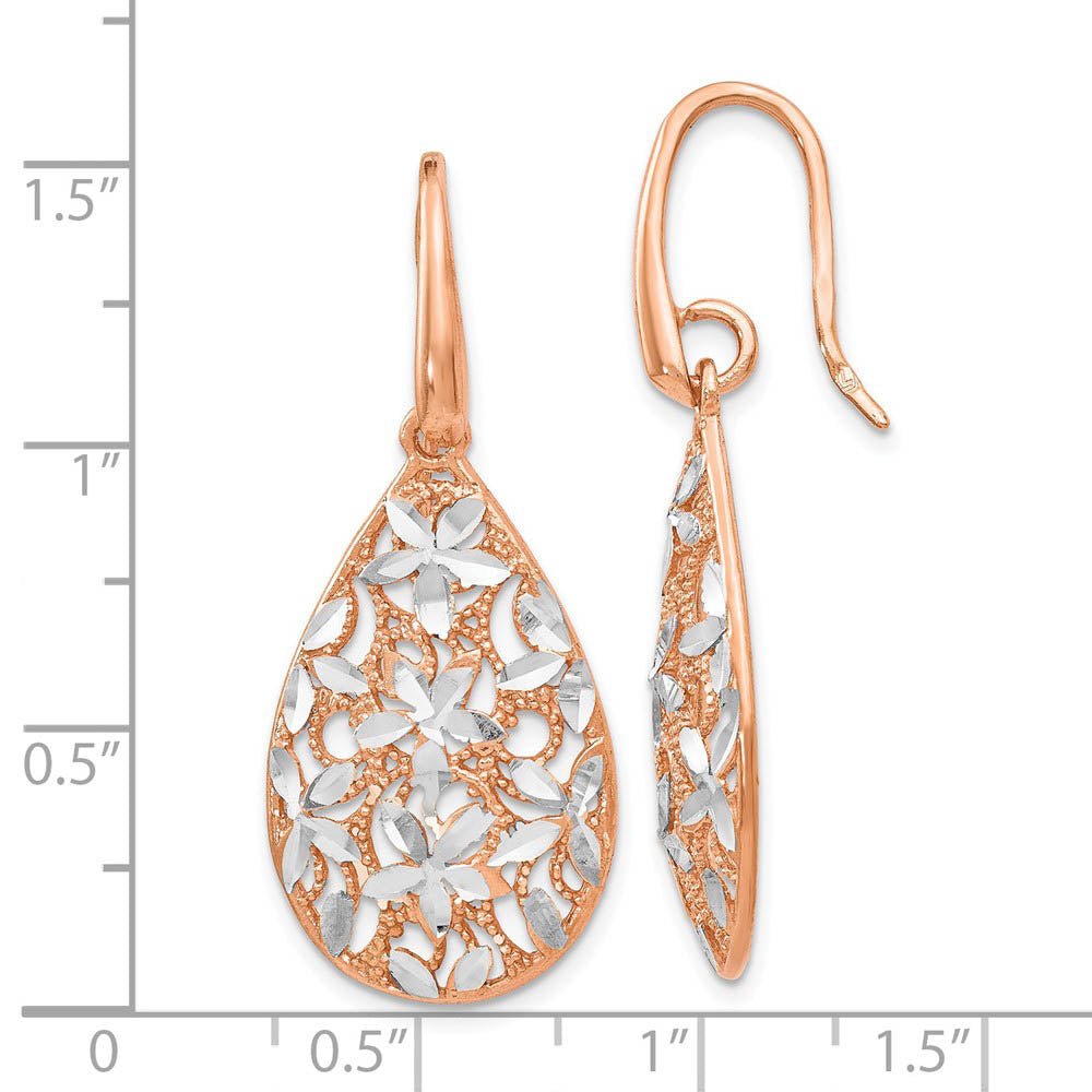 Alternate view of the Floral Filigree Teardrop Dangle Rose Gold Tone Plated Silver Earrings by The Black Bow Jewelry Co.