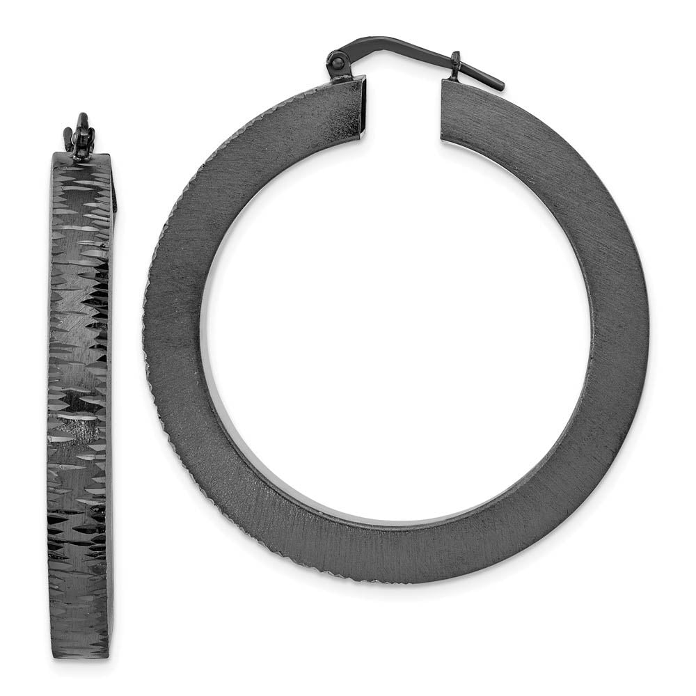4mm Brushed and Diamond-Cut Round Hoops in Black Plated Silver, 45mm, Item E11574 by The Black Bow Jewelry Co.