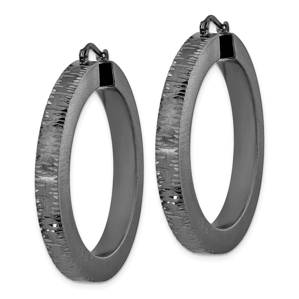 Alternate view of the 4mm Brushed and Diamond-Cut Round Hoops in Black Plated Silver, 45mm by The Black Bow Jewelry Co.
