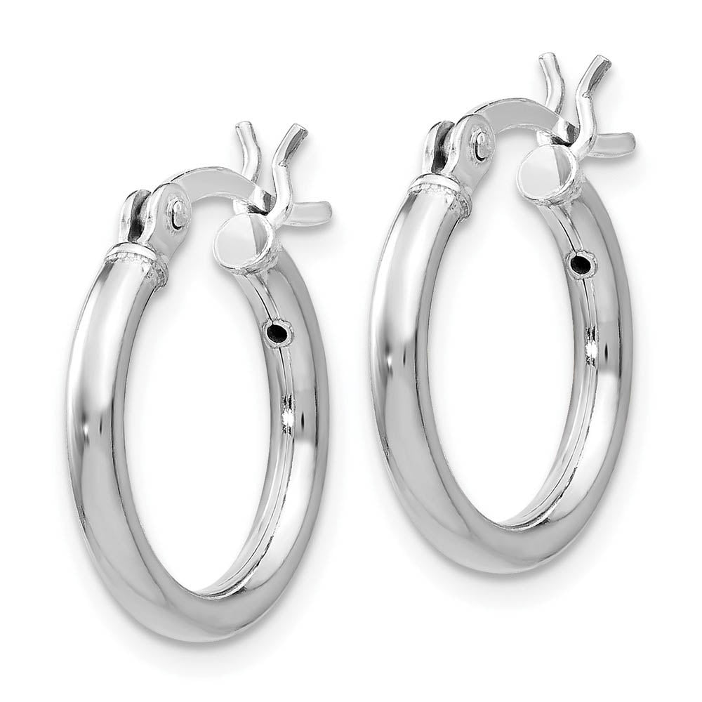 Alternate view of the 2mm Polished Sterling Silver Round Hoop Earrings, 15mm (9/16 in) by The Black Bow Jewelry Co.