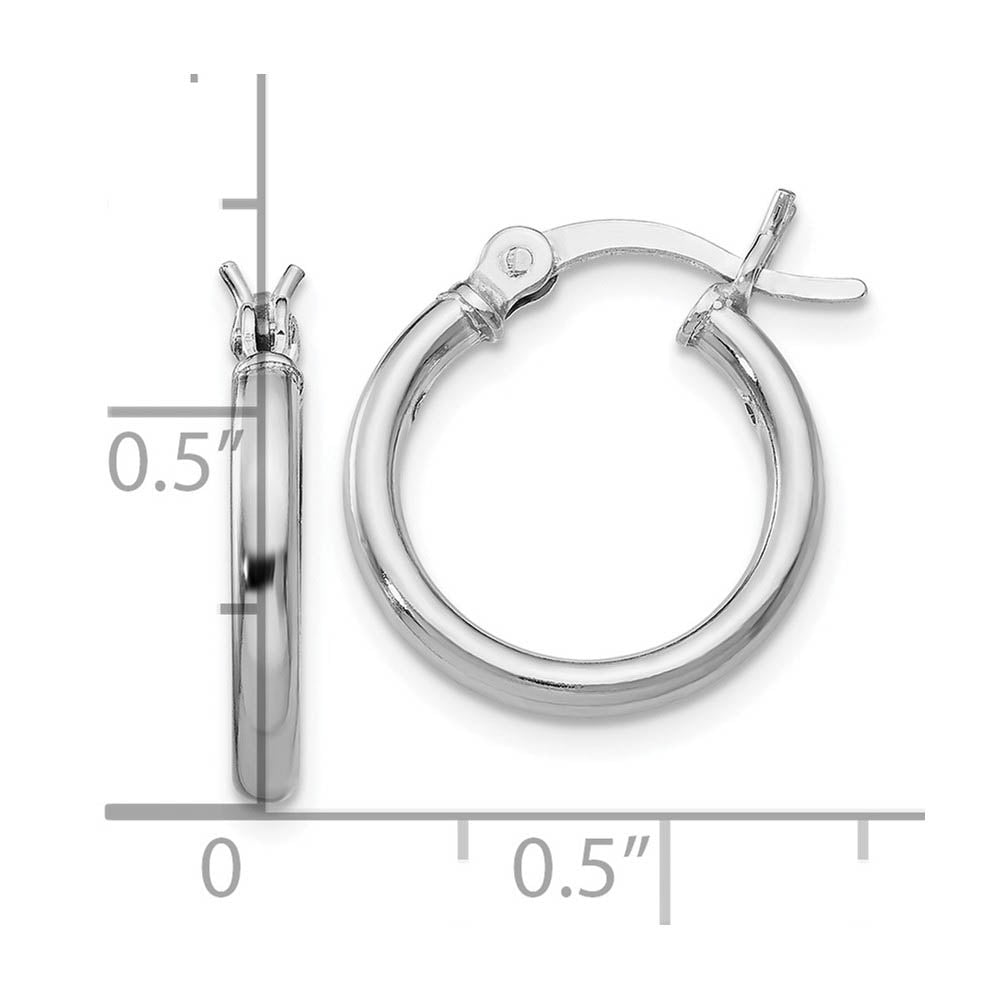 Alternate view of the 2mm Polished Sterling Silver Round Hoop Earrings, 15mm (9/16 in) by The Black Bow Jewelry Co.