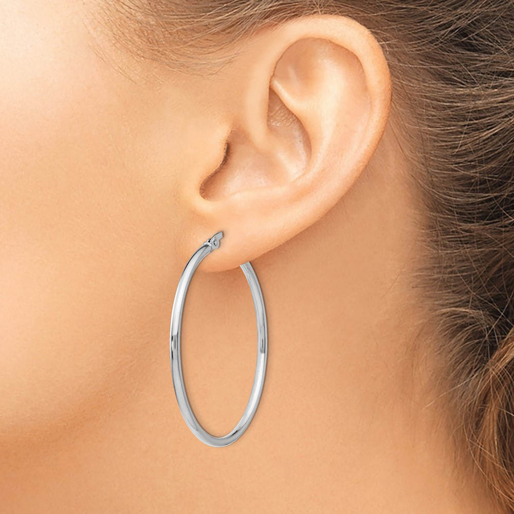 Alternate view of the 2mm Polished Sterling Silver Round Hoop Earrings, 41mm (1 5/8 in) by The Black Bow Jewelry Co.