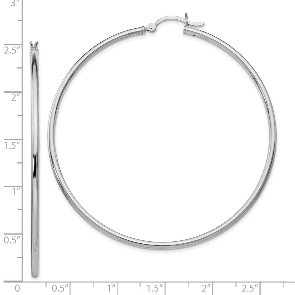 Alternate view of the 2mm Polished Sterling Silver Round Hoop Earrings, 60mm (2 3/8 in) by The Black Bow Jewelry Co.