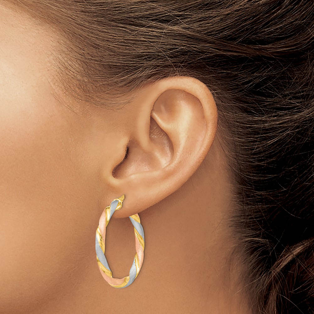 Alternate view of the 3.5mm Tri-Color Twisted Round Hoops in Gold Tone Sterling Silver, 33mm by The Black Bow Jewelry Co.