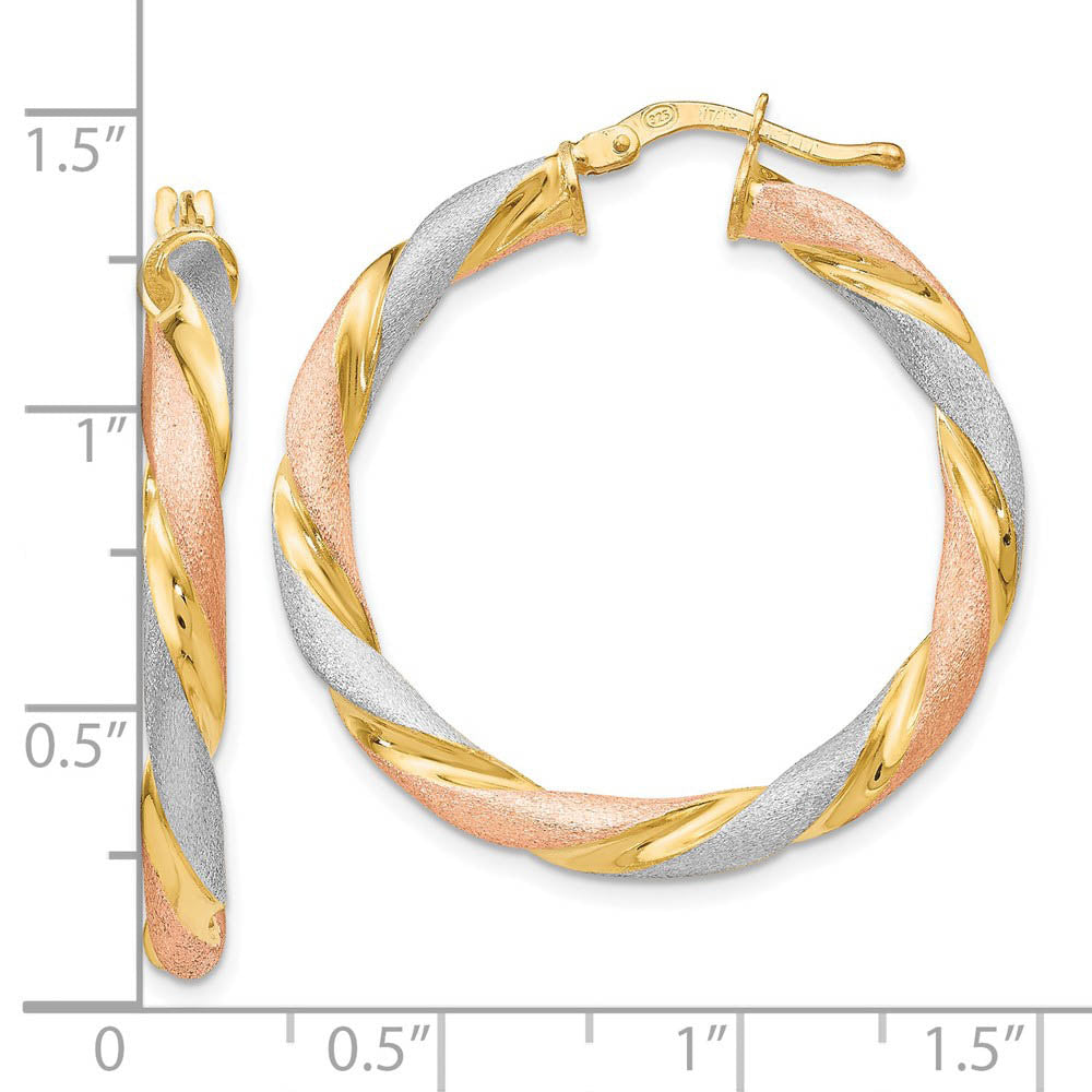 Alternate view of the 3.5mm Tri-Color Twisted Round Hoops in Gold Tone Sterling Silver, 33mm by The Black Bow Jewelry Co.