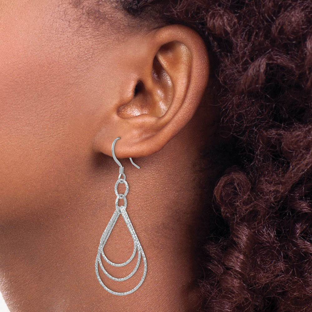 Alternate view of the Triple Textured Teardrop Dangle Earrings in Sterling Silver by The Black Bow Jewelry Co.