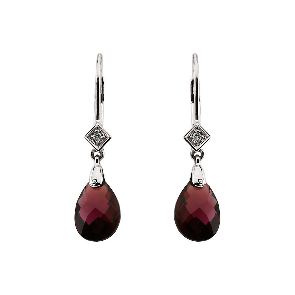 Brazilian Garnet Briolette & Diamond 14k White Gold Leverback Earrings, Item E11728 by The Black Bow Jewelry Co.