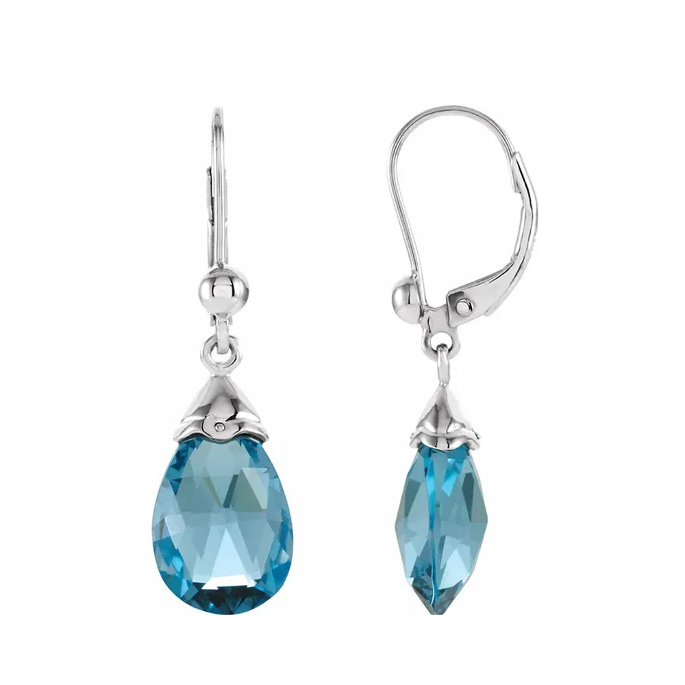 Alternate view of the Swiss Blue Topaz Briolette & 14k White Gold Lever Back Earrings by The Black Bow Jewelry Co.